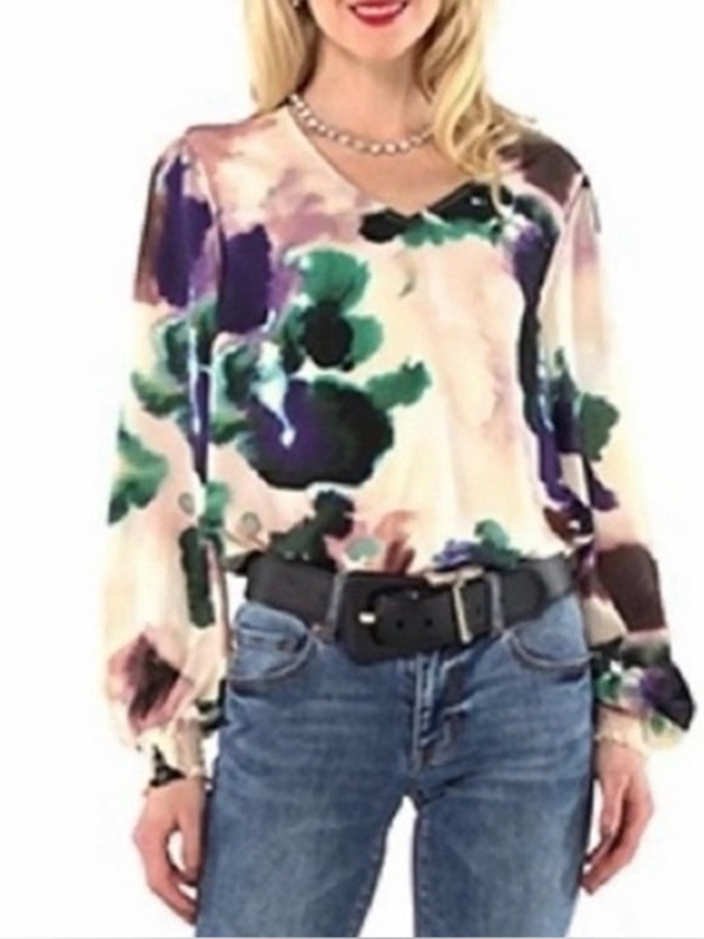 Cabi Mystic Blouse Size Medium Watercolor Floral Artsy Boho Semi Sheer Y6